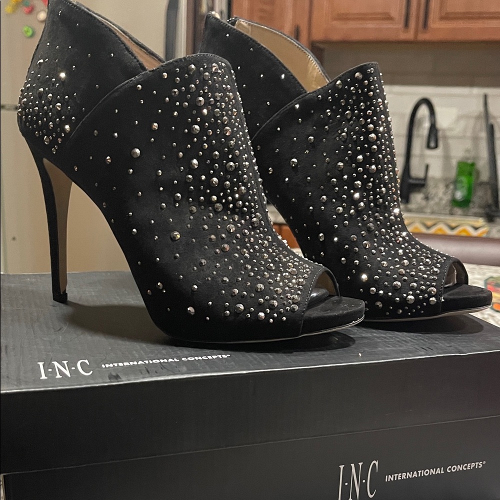 INC International Concepts Black Studded Peep-Toe Heels with rhinestones stones